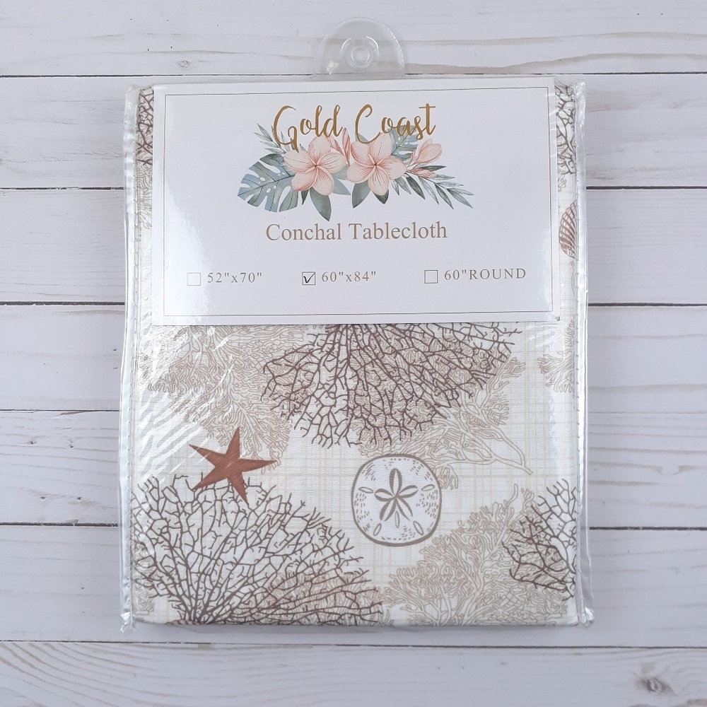 Fabric Tablecloth Shells Coral Nautical Lake 60x84 Beige Conchal